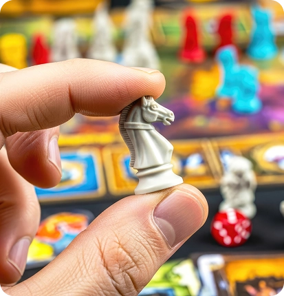 Uma mão segura uma peça branca em forma de cavalo sobre o tabuleiro colorido de um jogo de mesa