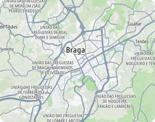 Mapa do Google de Braga, em Portugal, com estradas e ruas em cores vivas